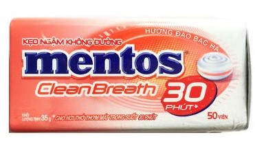 MENTOS CLEAN BREATH 30 miniues TABLET PEACH & PEPPERMINT 12 BOXES X 6 TINS X 35G (50 PCS)